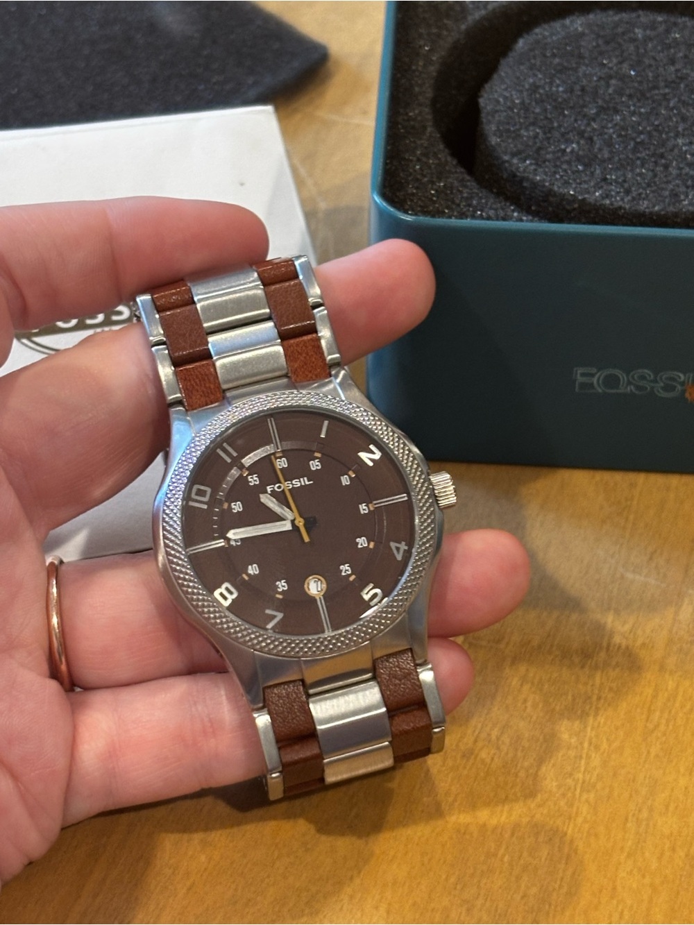 Fossil Men’s Brown Dial Silver-Tone Case and Brown wood Accent Bracelet Watch